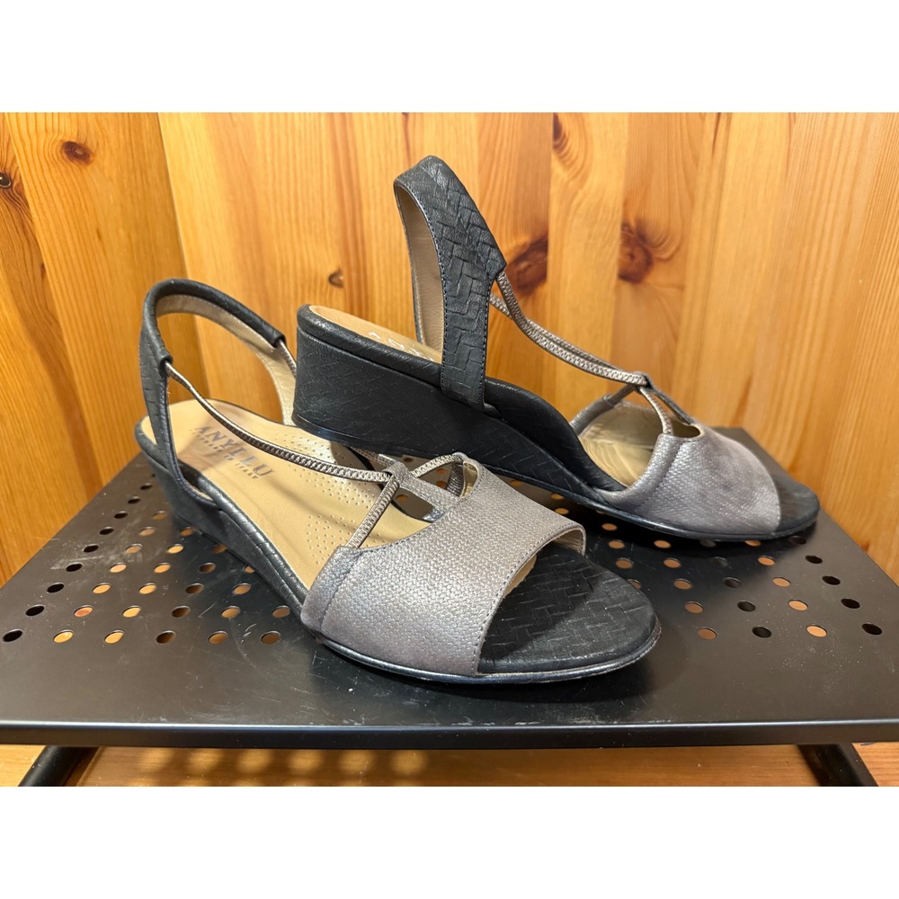 ANYI LU Women's Size 39 Metallic Leather Slingback Wedge Sandals Made Italy
